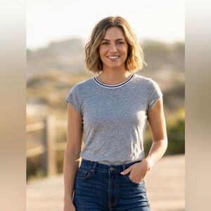 Goldie Lewinter Pima Cotton Gray Slub Jersey Short Sleeve Tipped Ringer Tee M